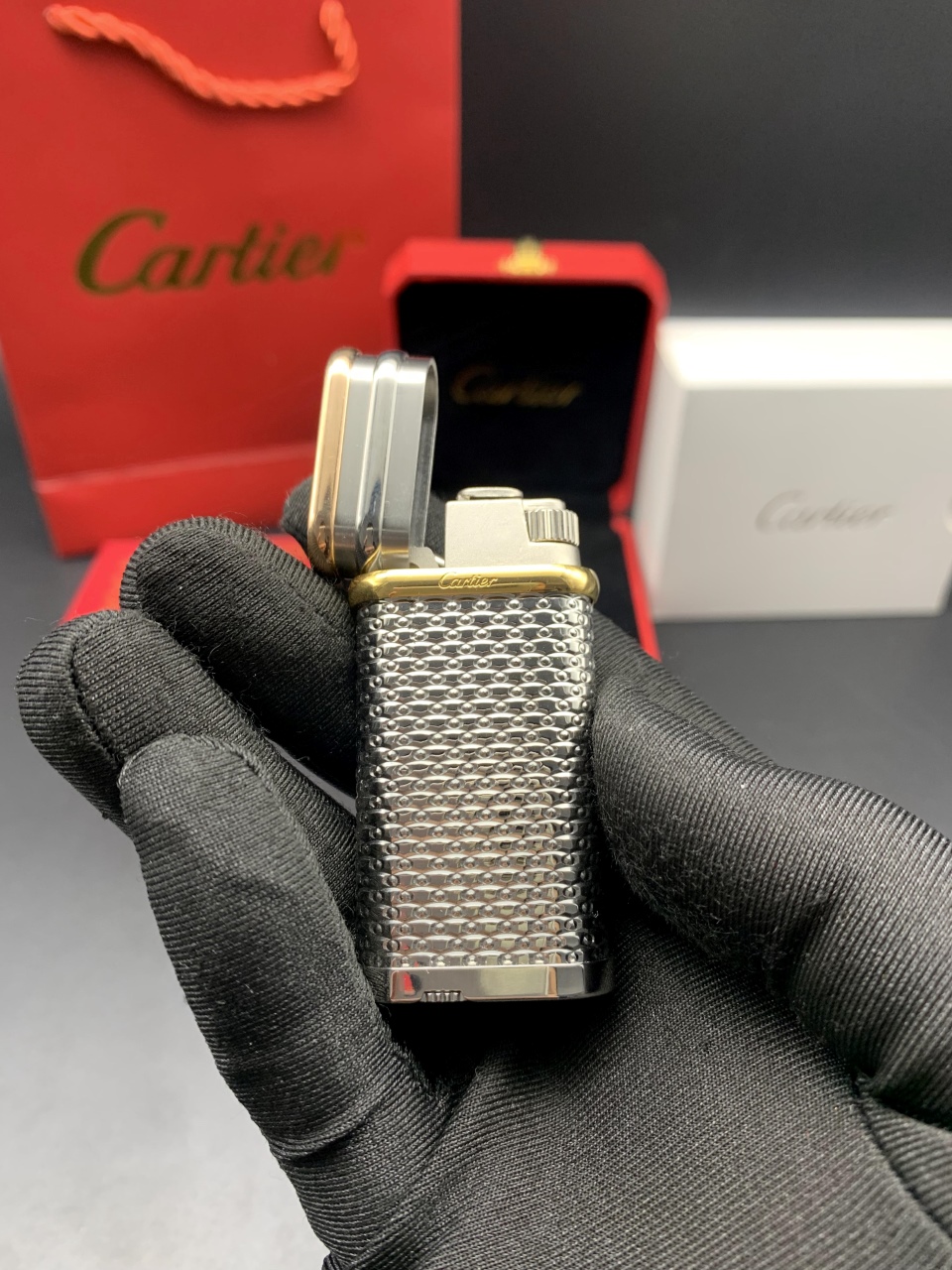 Cartier Lighter Silver Diamond-Pattern with Gold Accent With Gift Box
