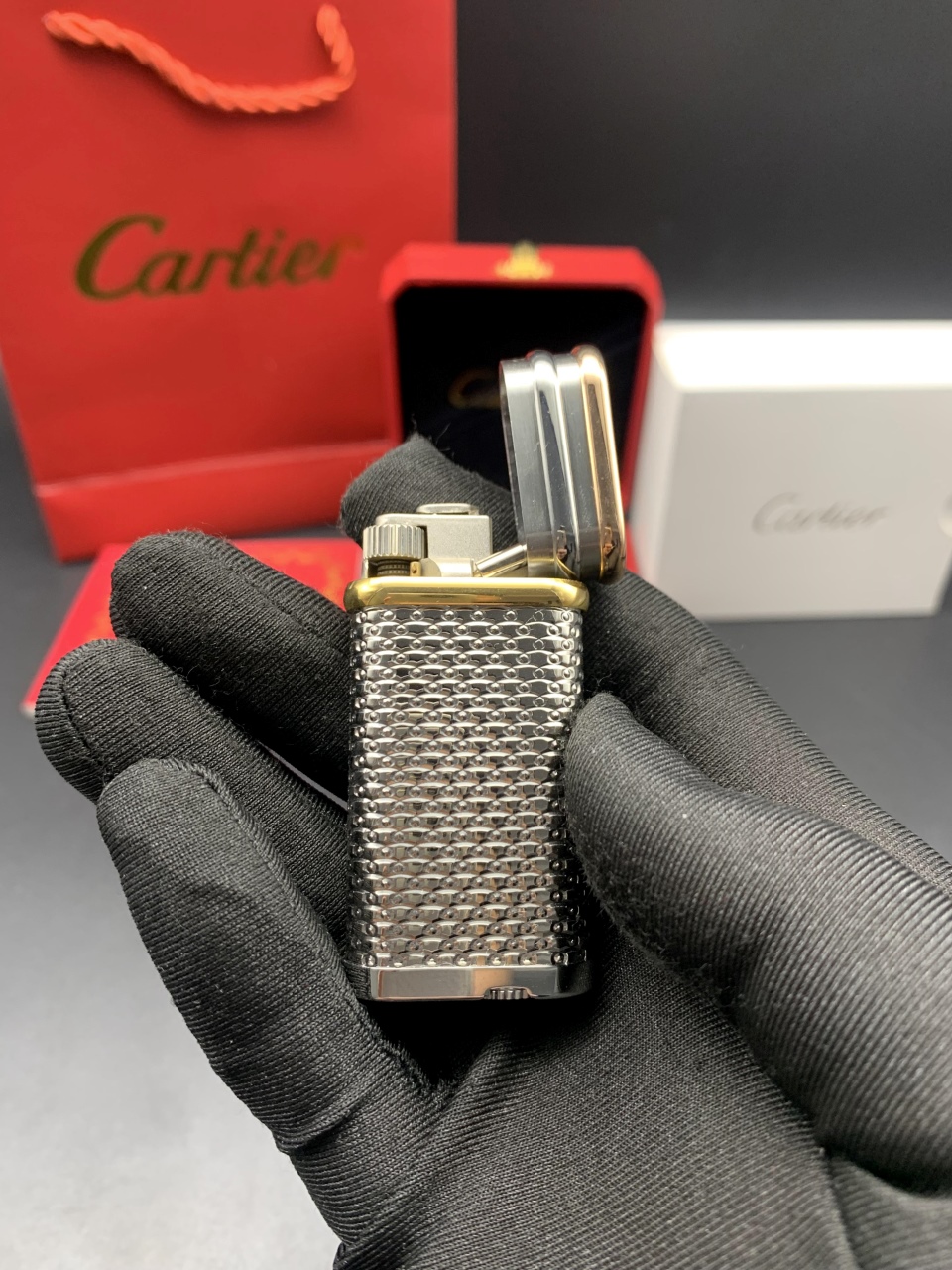 Cartier Lighter Silver Diamond-Pattern with Gold Accent With Gift Box