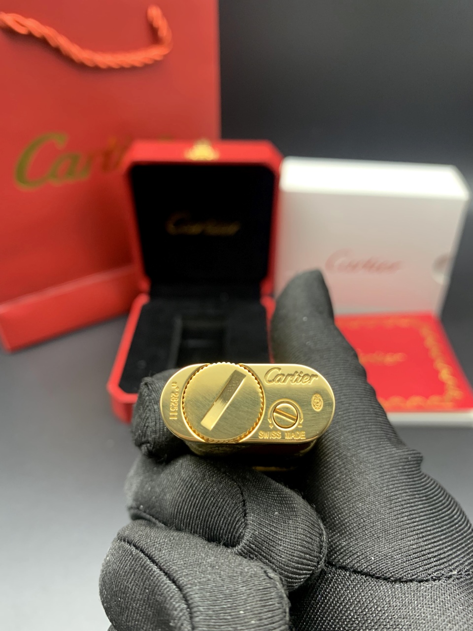 Cartier Lighter Luxury Red Lacquer Diagonal Pattern Butane Lighter