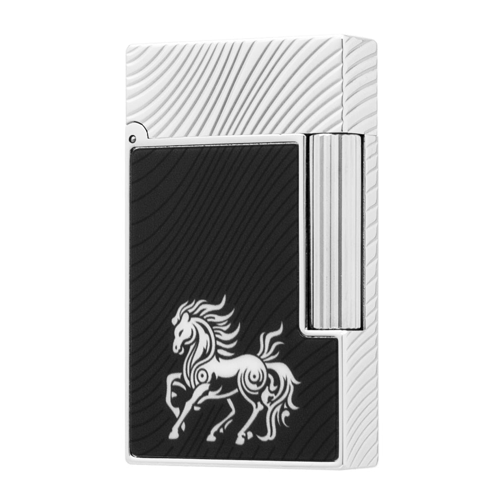 Double Flame S.T. Dupont Ligne 2 Horse mane guilloche Lighter - Black with Silver - Angle View
