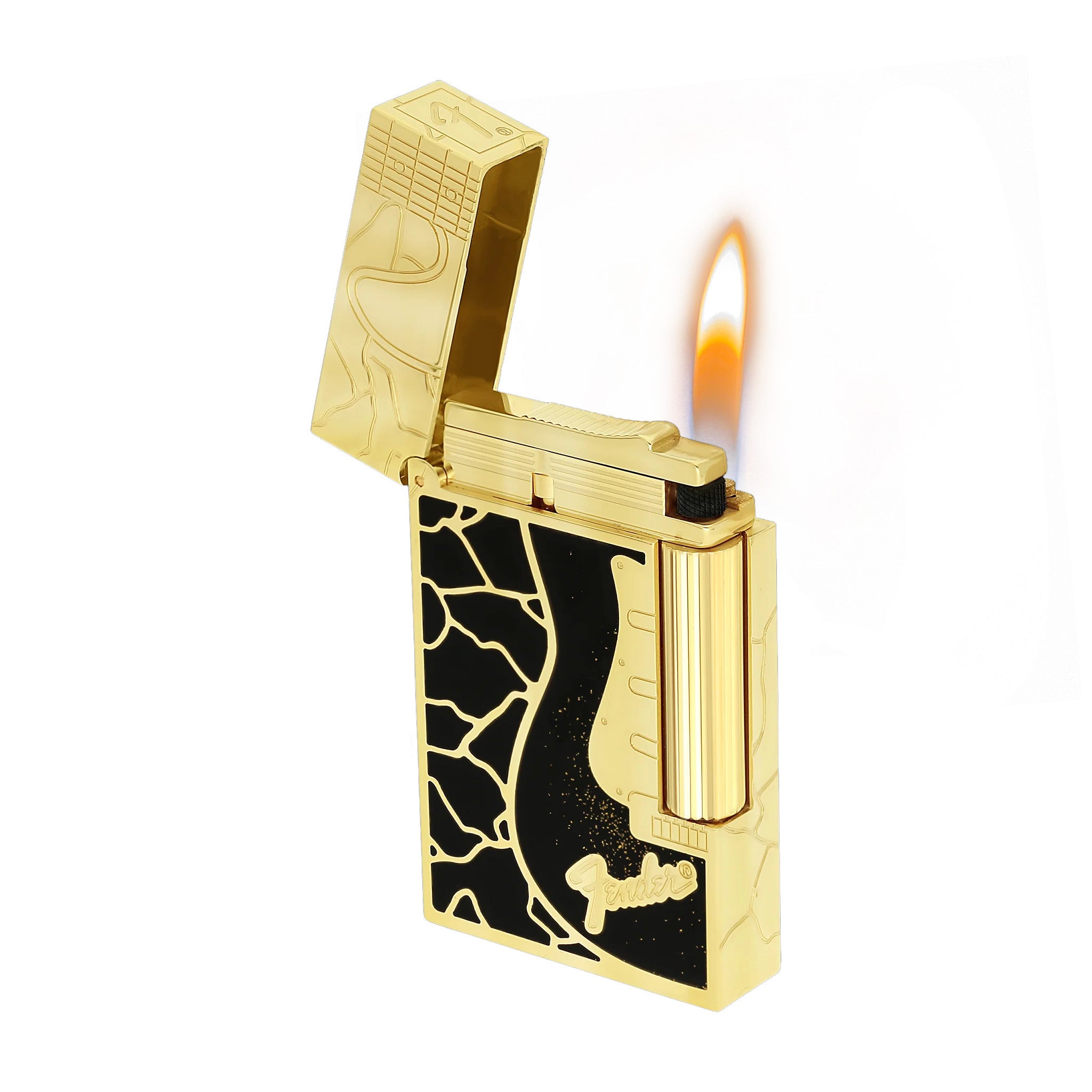 Double Flame S.T. Dupont Ligne 2 Fender Lacquered Gold Lighter - Single Soft Flame · Black with Gold - View 14