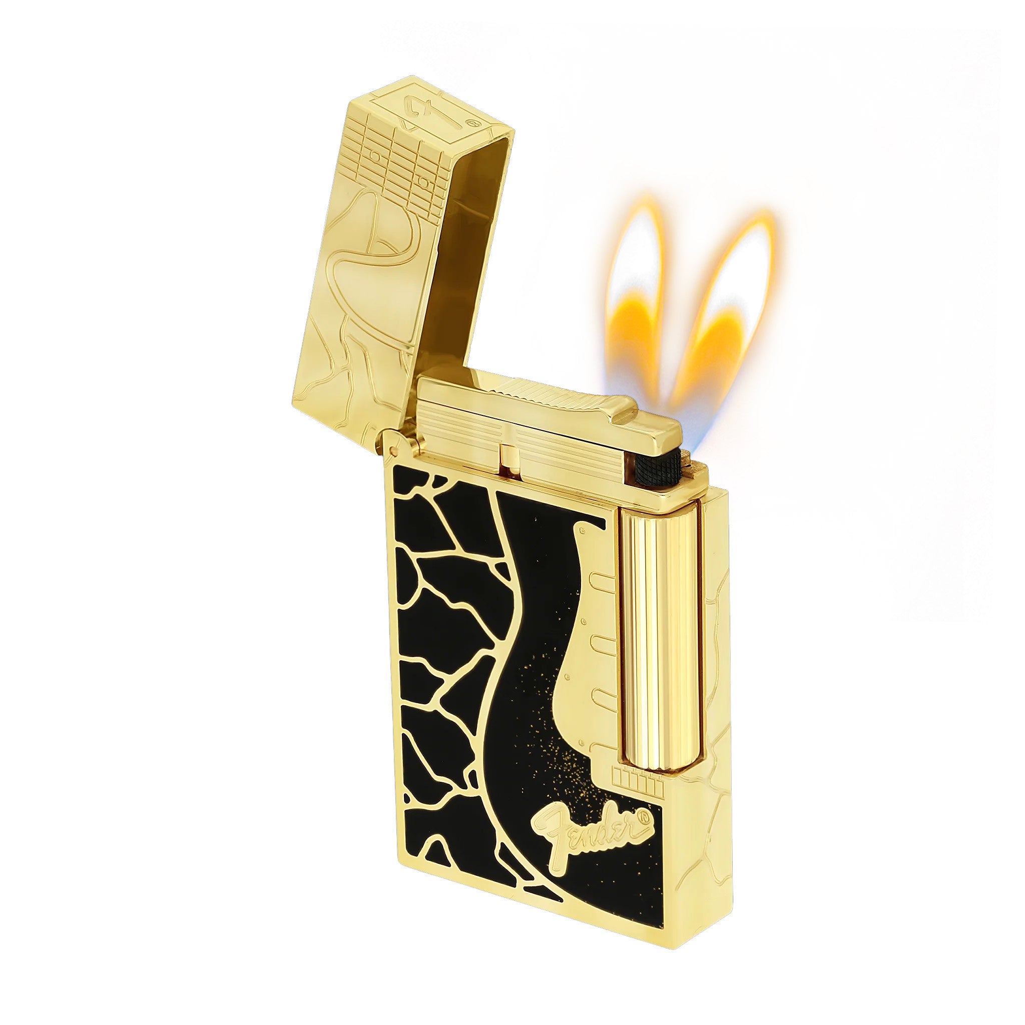 Double Flame S.T. Dupont Ligne 2 Fender Lacquered Gold Lighter - Double Soft Flame · Black with Gold - View 13