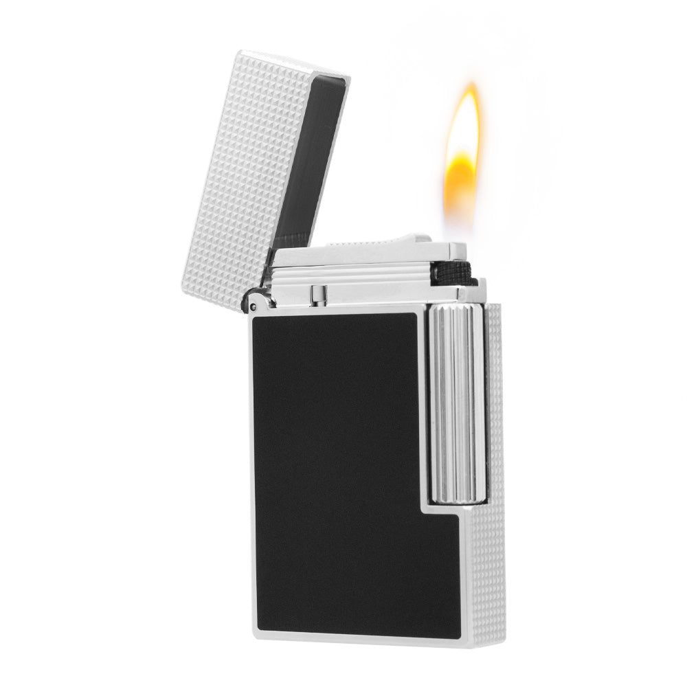 S.T. Dupont Ligne 2 Frosted lighter with Lattice Engraving Craftsmanship - Black silver · Single Soft Flame - Close-up