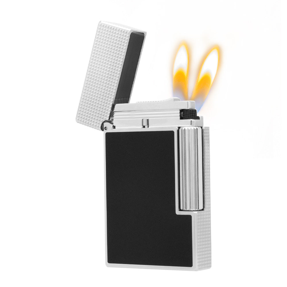S.T. Dupont Ligne 2 Frosted lighter with Lattice Engraving Craftsmanship - Black silver · Double Soft Flame - Angle View