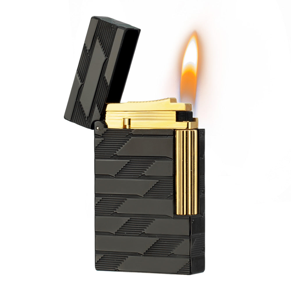 S.T. Dupont Ligne 2 Monogram Guilloche Lighter - Black · Single Soft Flame - Angle View