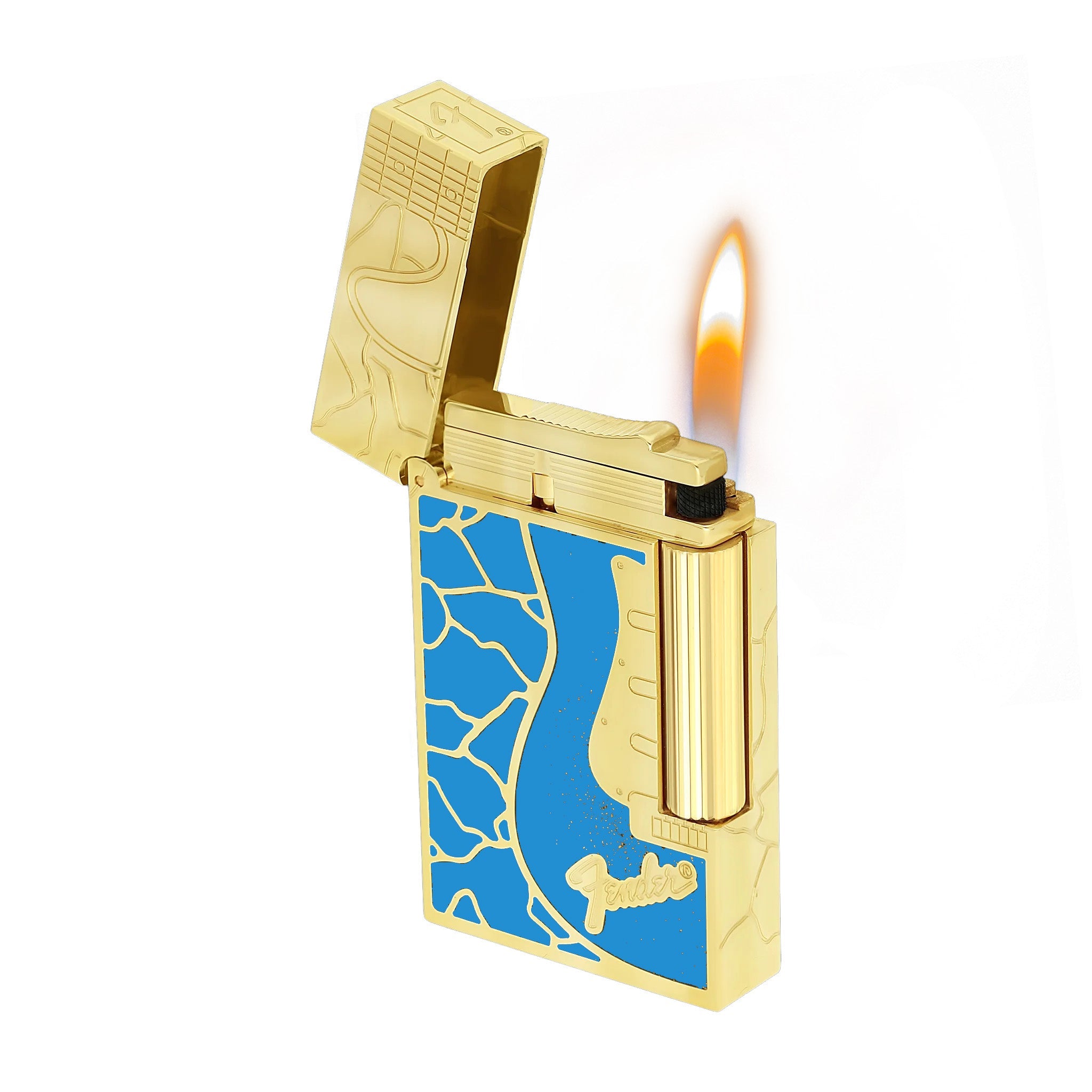 Double Flame S.T. Dupont Ligne 2 Fender Lacquered Gold Lighter - Single Soft Flame · Bule with Gold - View 11