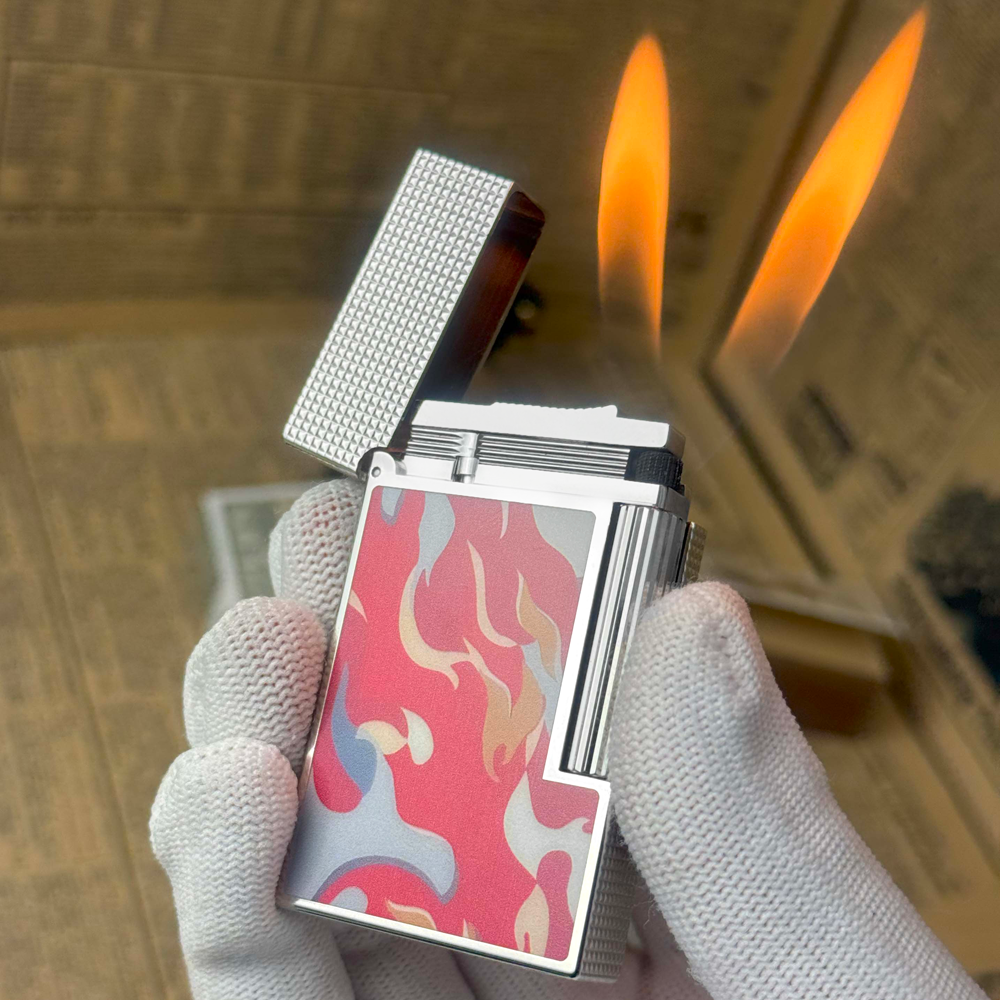 Double Flame S.T. Dupont Ligne 2 Camo Red Guilloche Cling Flame Lighter - Back View