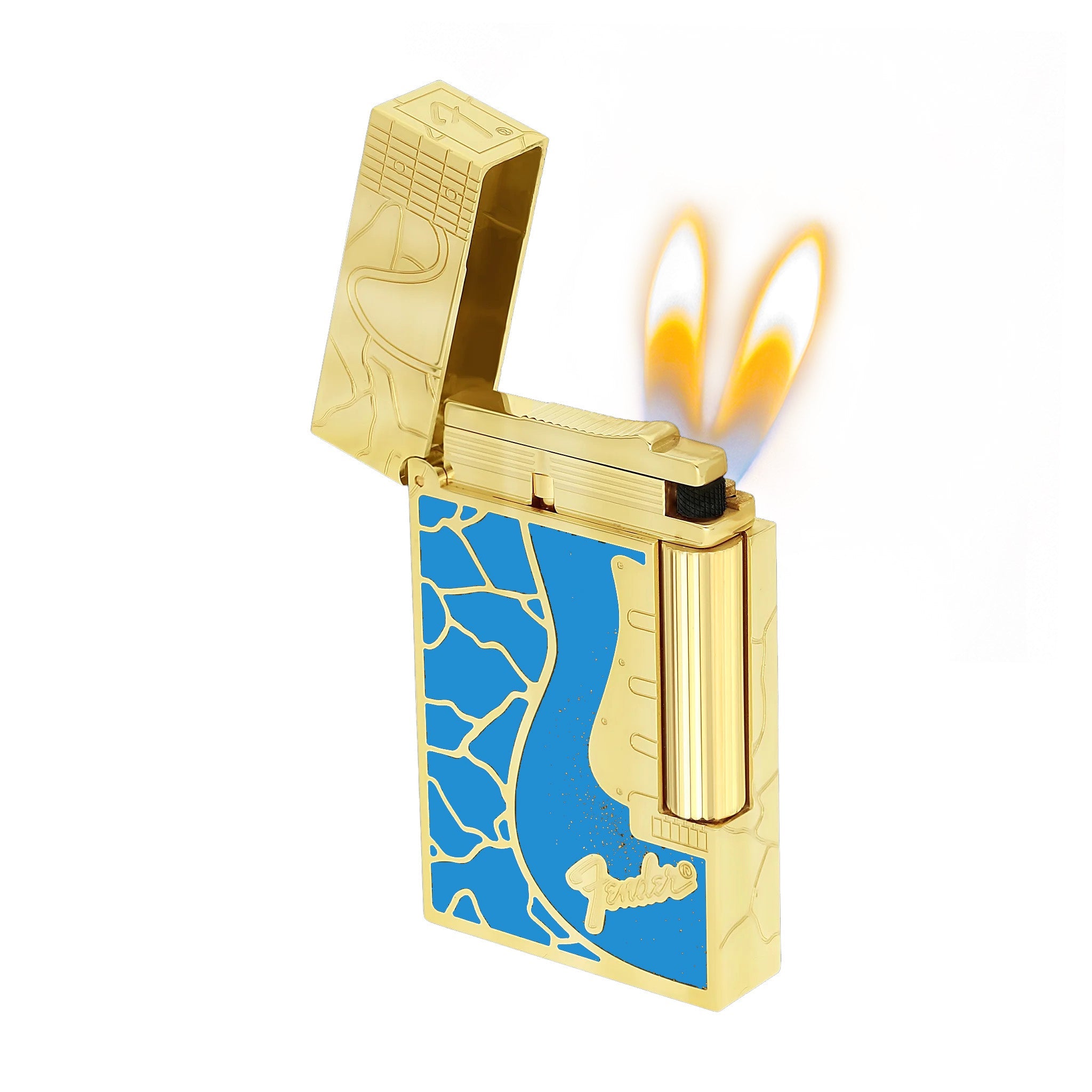 Double Flame S.T. Dupont Ligne 2 Fender Lacquered Gold Lighter - Double Soft Flame · Bule with Gold - View 12