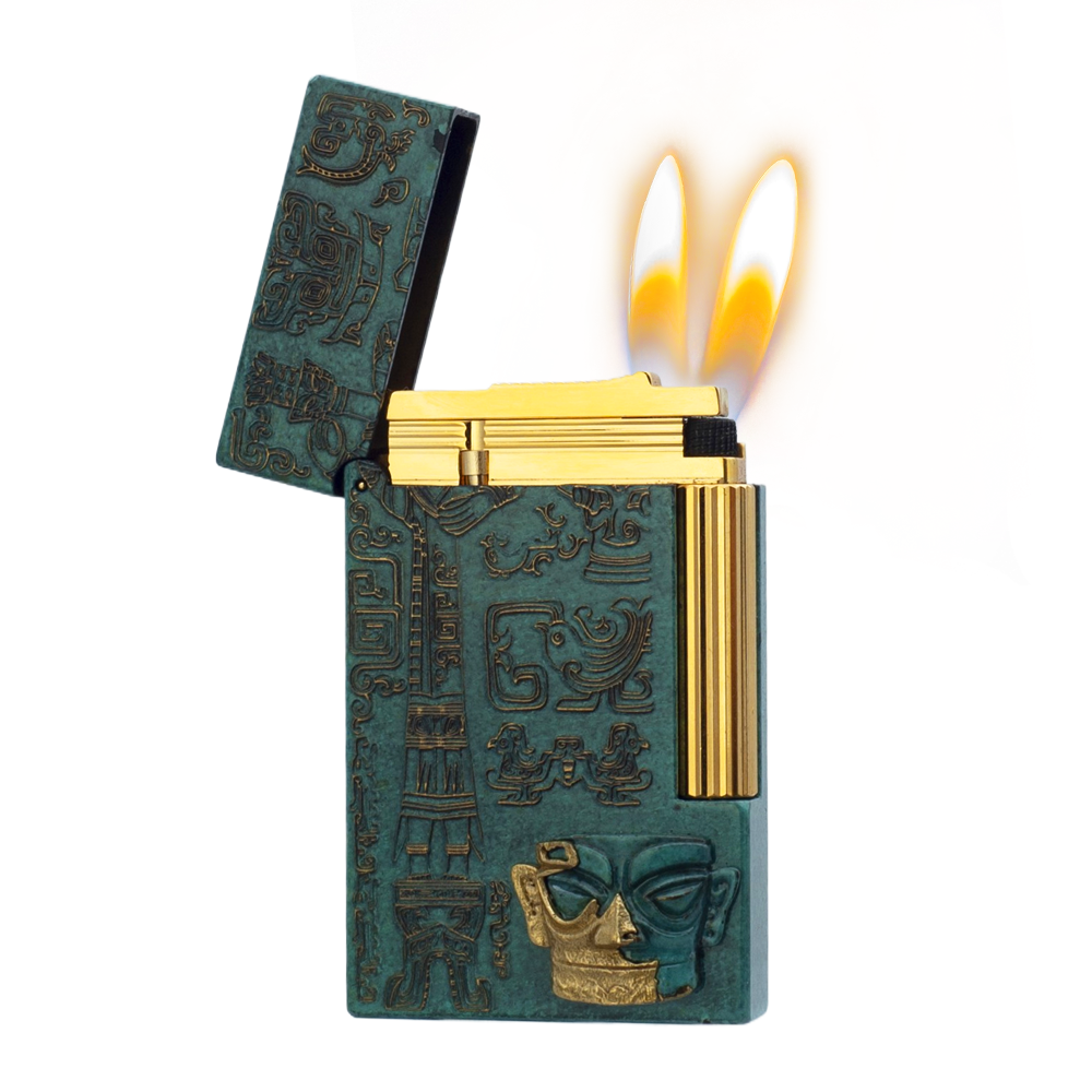 St Dupont Sanxingdui Bronze Head Wearing a Gold Mask Lighter - Double Soft Flame - Angle View