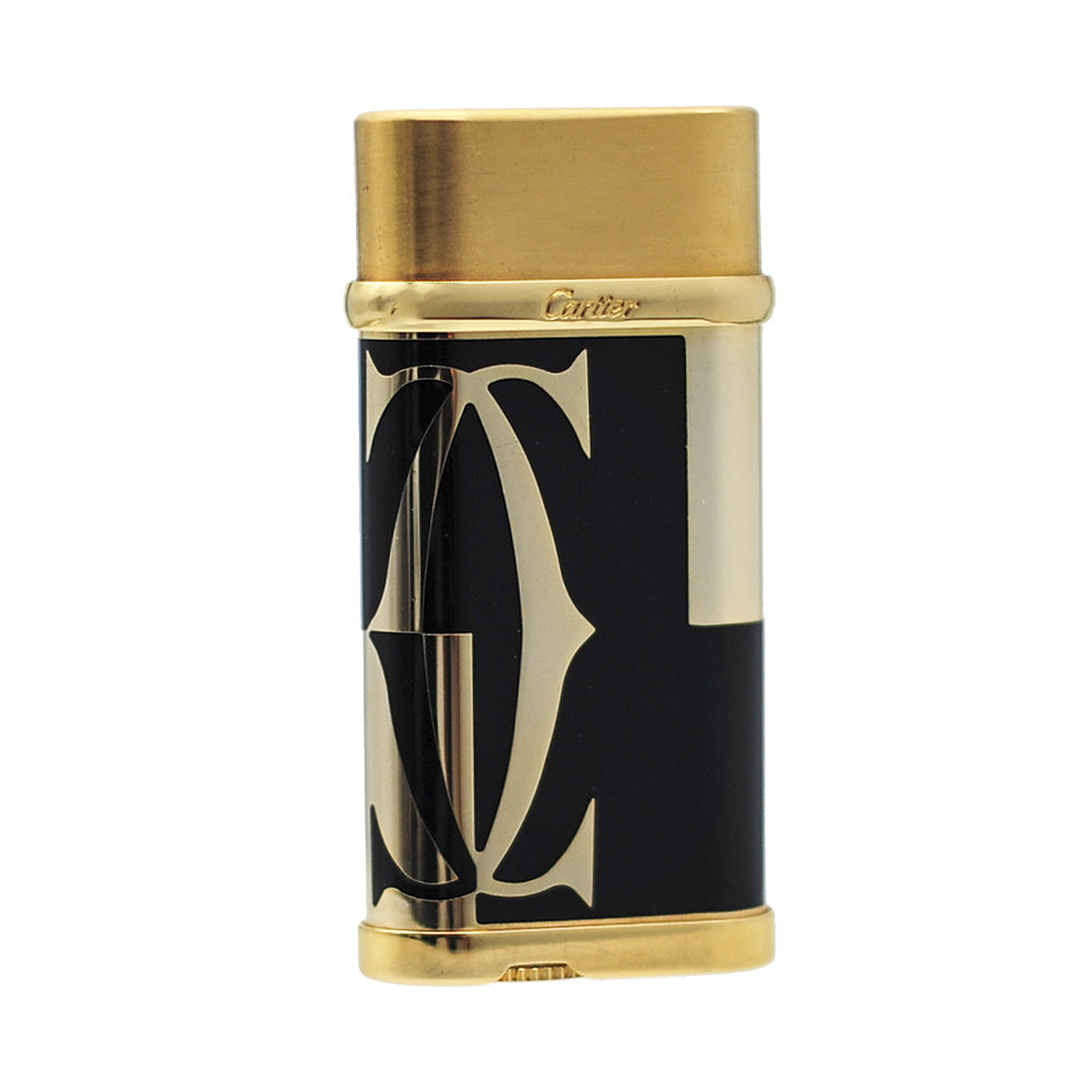 Cartier LOGOTYPE MOTIF Cigarette Lighter Black Lacquer Pink Gold - Black with Gold - Front View