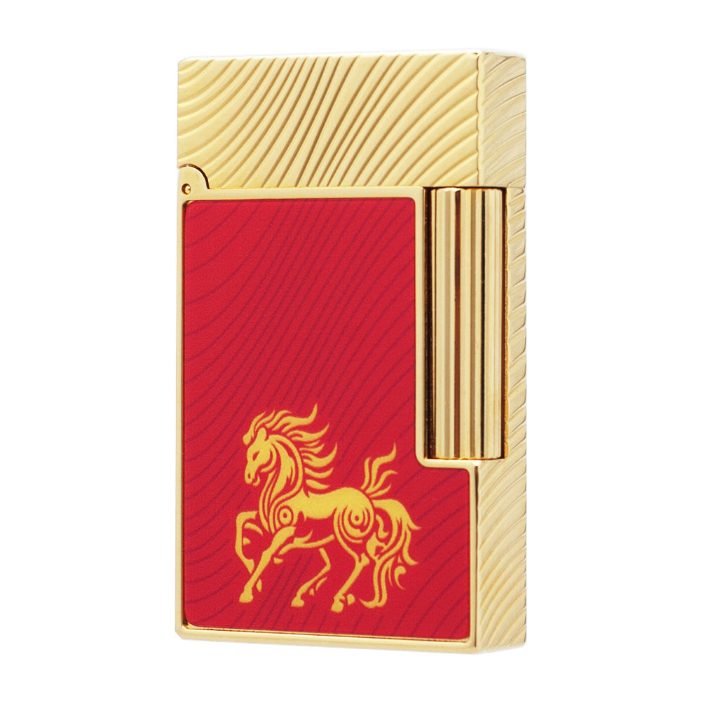 Double Flame S.T. Dupont Ligne 2 Horse mane guilloche Lighter - Red with Gold - Front View