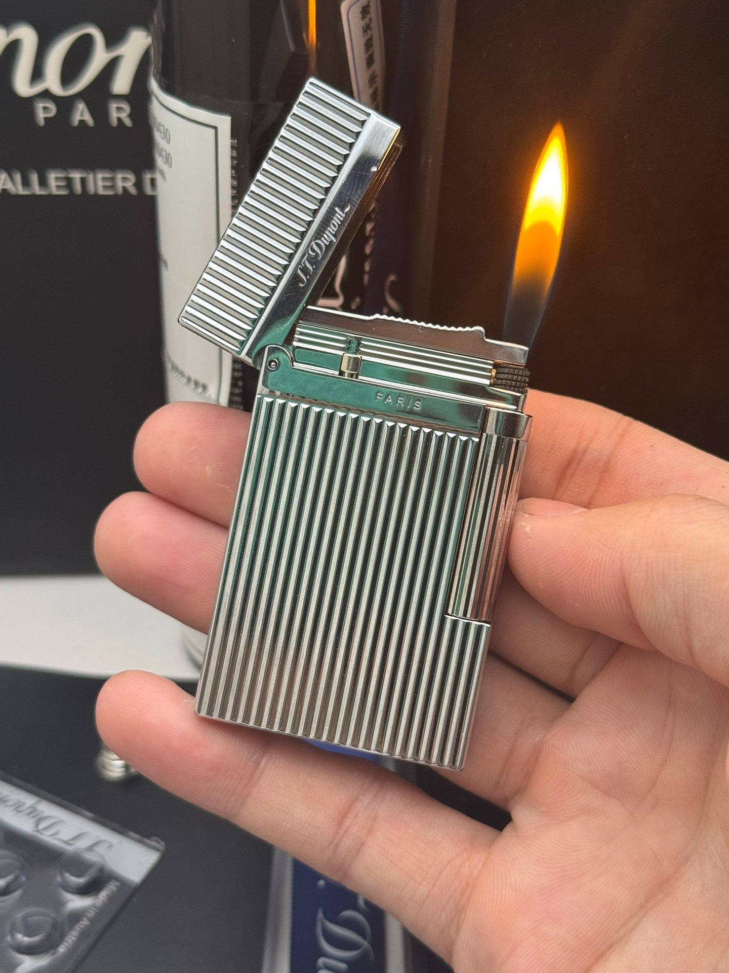 ST Dupont Ligne 2 Classic Silver Vertical Stripes Metal Lighter With Gift Box