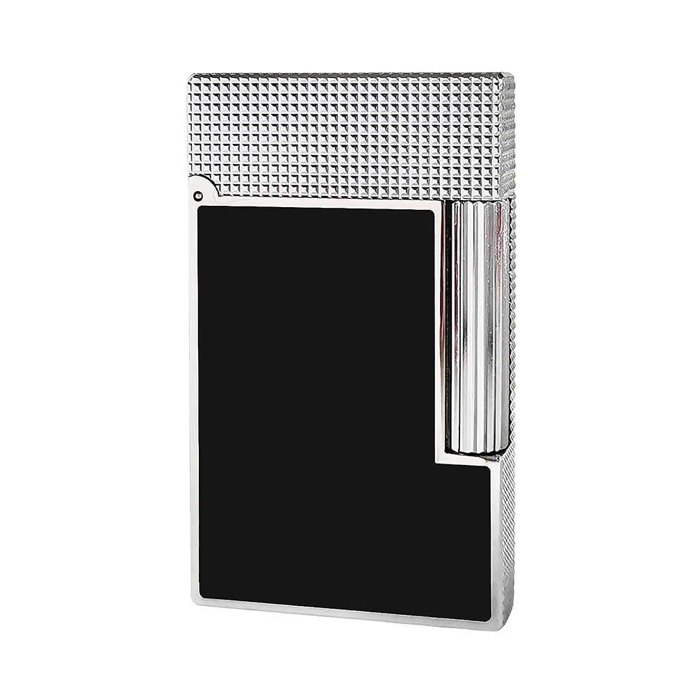 S.T. Dupont Ligne 2 Natural Lacquer Gas Lighter with Lattice Engraving - Black Silver - Angle View