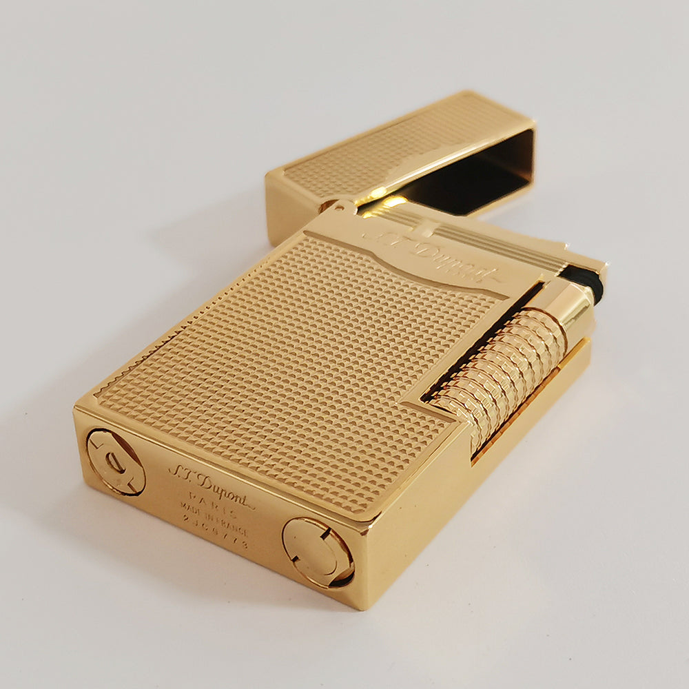 Double Flames Lattice Dupont Lighter Brass - Angle View