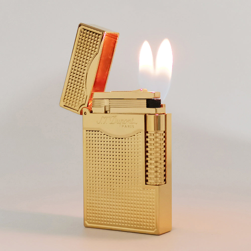 Double Flames Lattice Dupont Lighter Brass - Gold - Side View