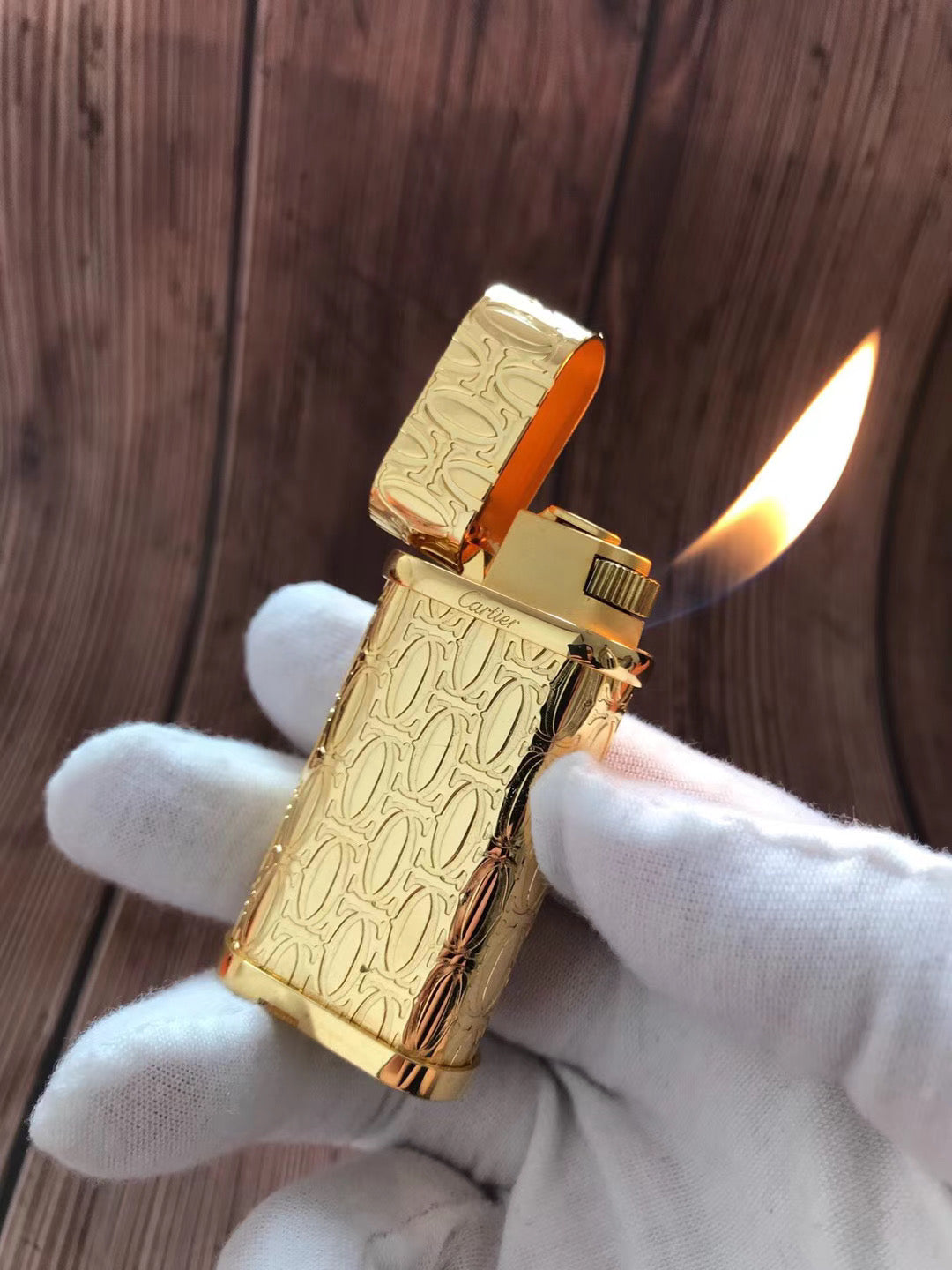 Cartier Full Body C De Engraving Metal Lighter Finish Yellow Gold - Angle View