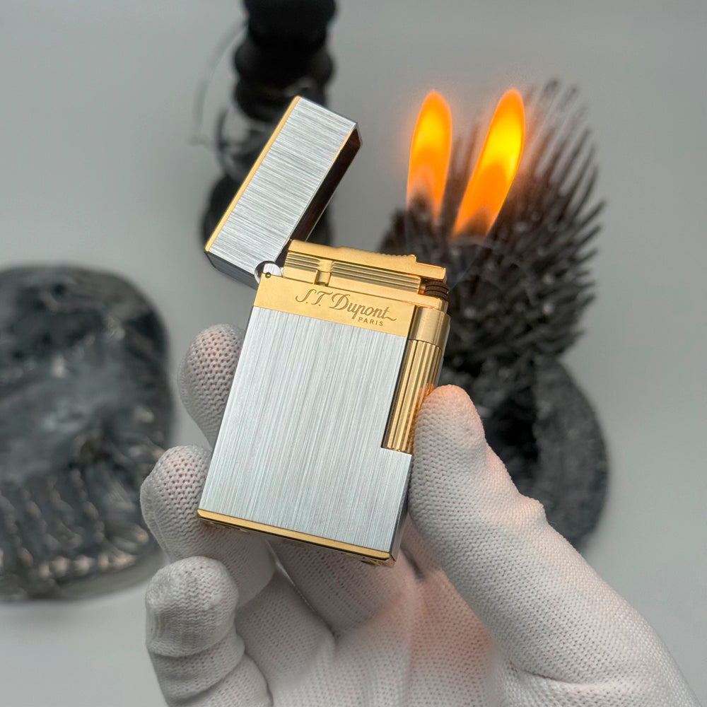 Double Flames Brushed Metal Dupont Gas Lighter - Silver Gold - Close-up