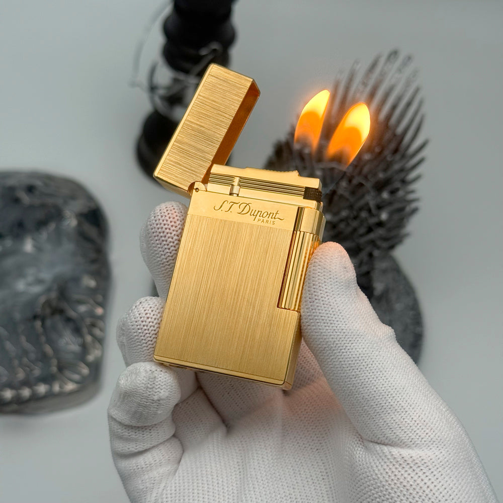 Double Flames Brushed Metal Dupont Gas Lighter - Gold - Angle View