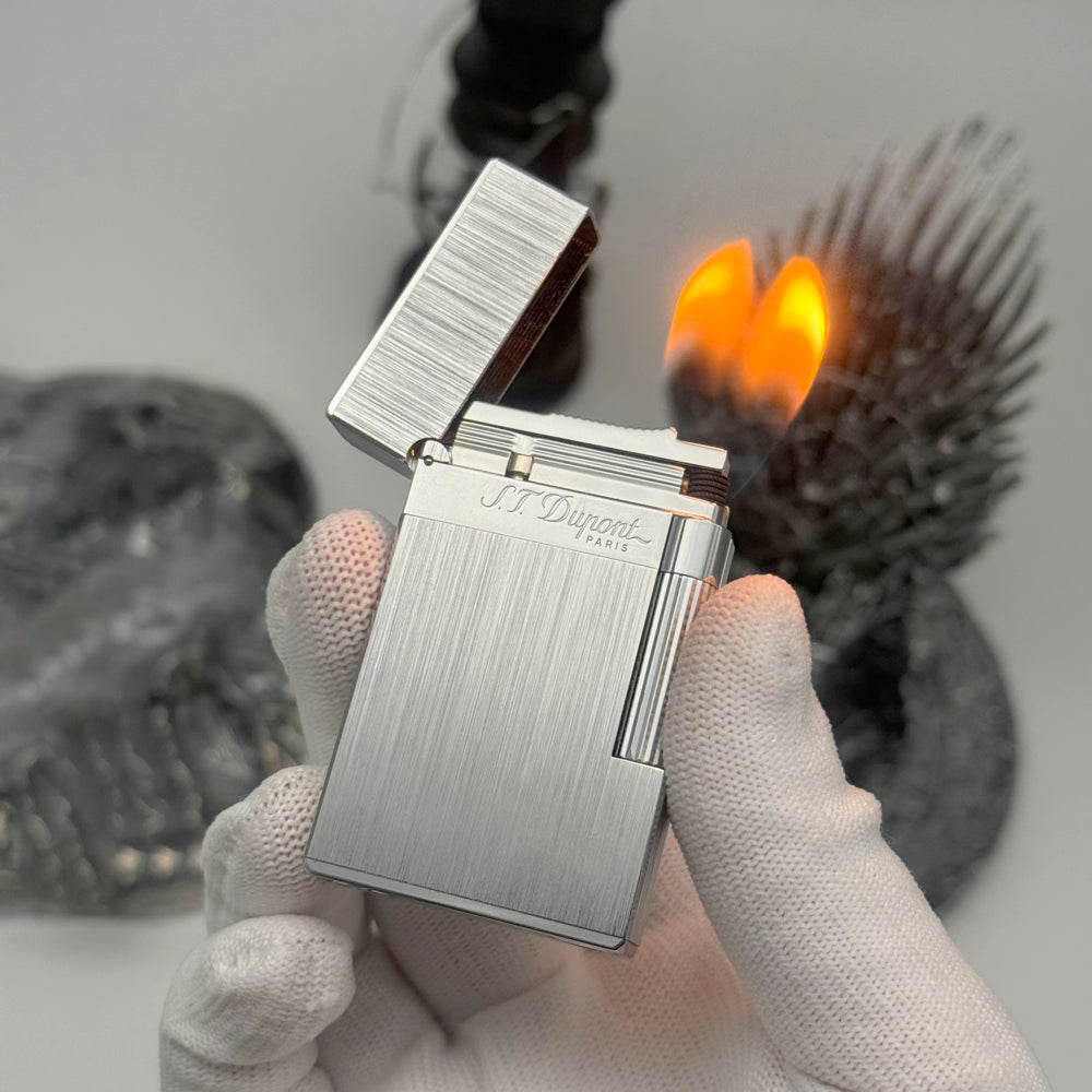 Double Flames Brushed Metal Dupont Gas Lighter - Silver - Back View