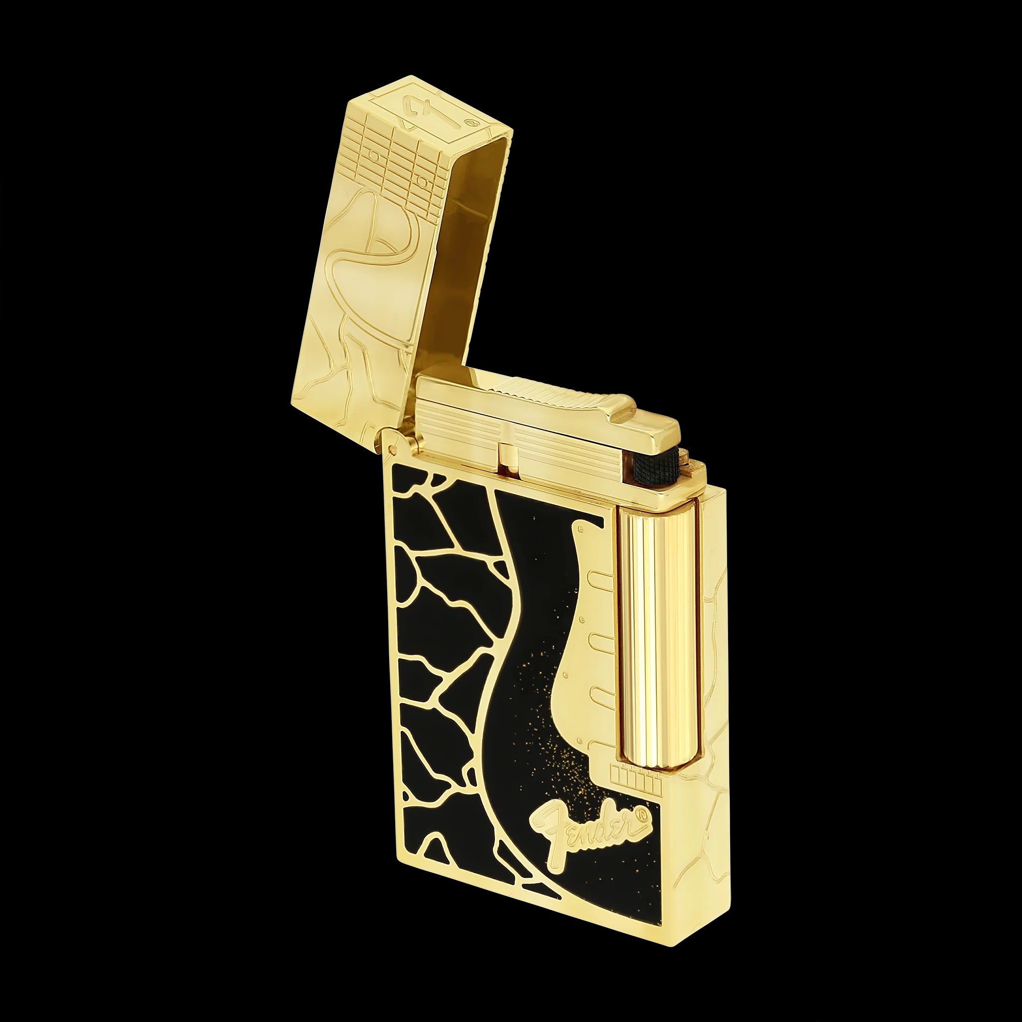 Double Flame S.T. Dupont Ligne 2 Fender Lacquered Gold Lighter - Detail View