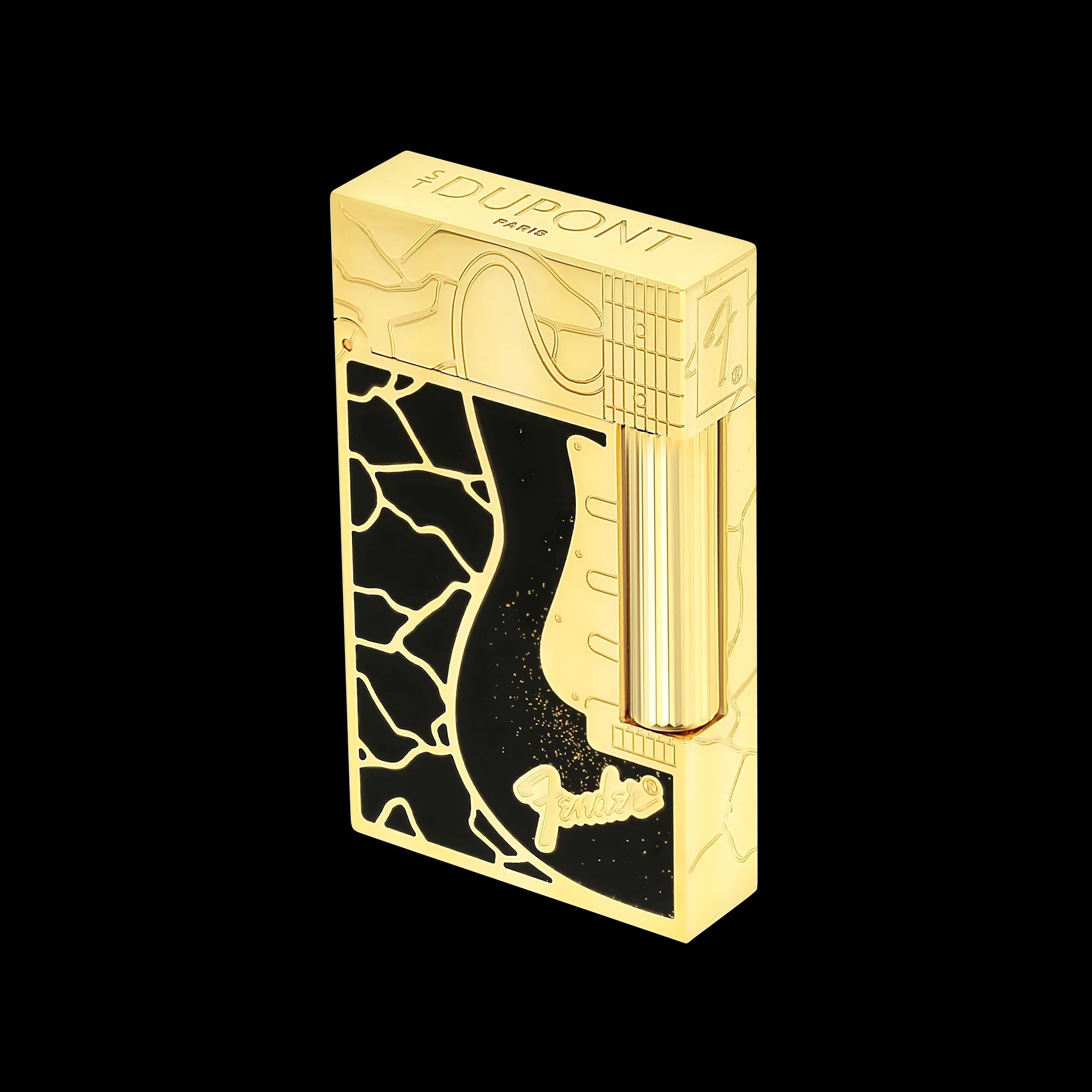 Double Flame S.T. Dupont Ligne 2 Fender Lacquered Gold Lighter - Close-up
