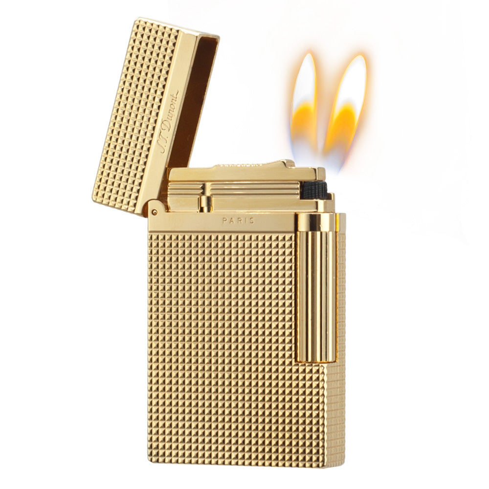Dupont Ligne 2 Memorial Tobacco Lighter Lattice - Gold · Double soft flame - Angle View