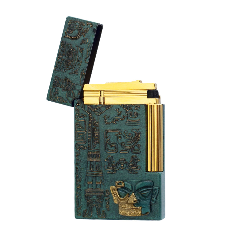 St Dupont Sanxingdui Bronze Head Wearing a Gold Mask Lighter - Detail View