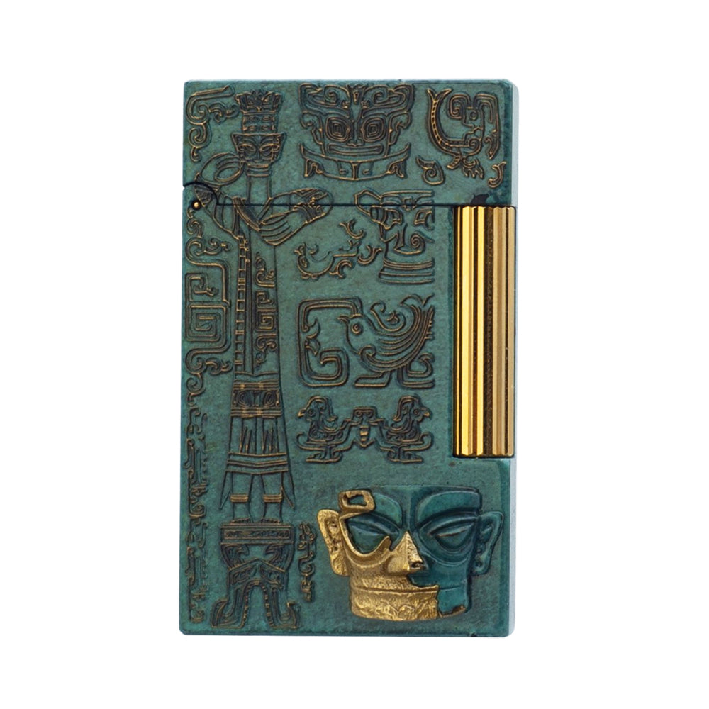 St Dupont Sanxingdui Bronze Head Wearing a Gold Mask Lighter - Single Soft Flame - Front View
