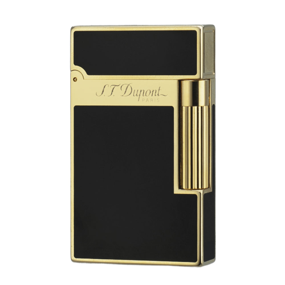 Double Flames Classic Lacquer S.T.Dupont Gas Lighter - Black Gold - Front View