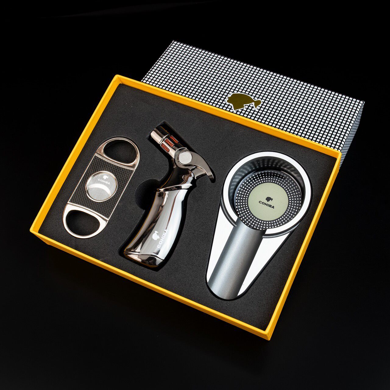 Luxury Cigar Accessories Set with Torch Lighter, Carbon Fiber Cutter & Ashtray | Premium Gift Box