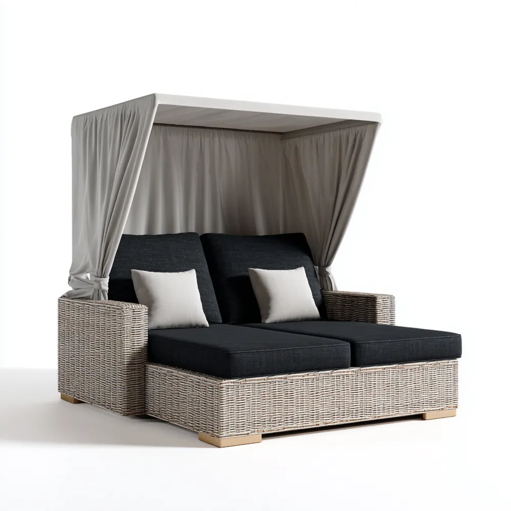 Chaise longue de jardin en rotin 205x150x135 cm - Gris/Noir - Design contemporain