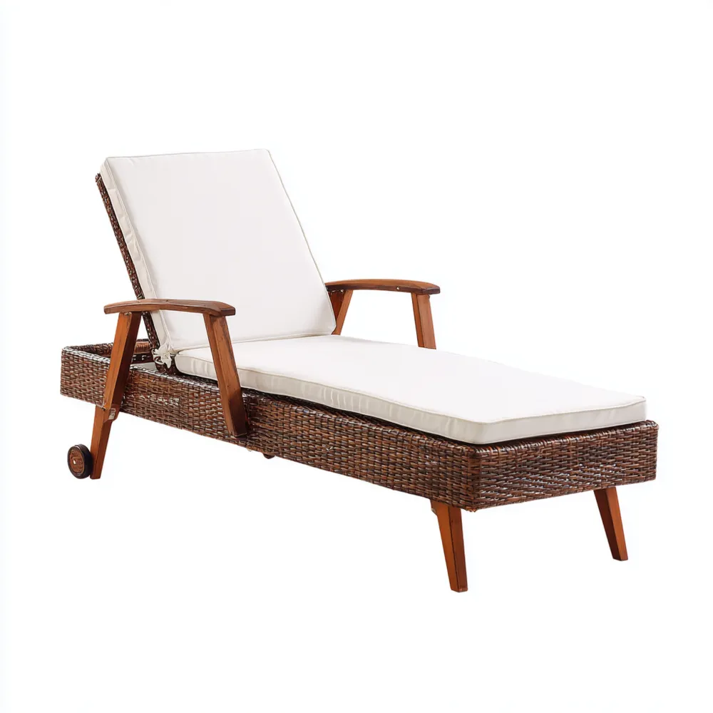 Chaise longue de jardin rotin synthétique 200x65x35 cm - Blanc/Brun - Style moderne