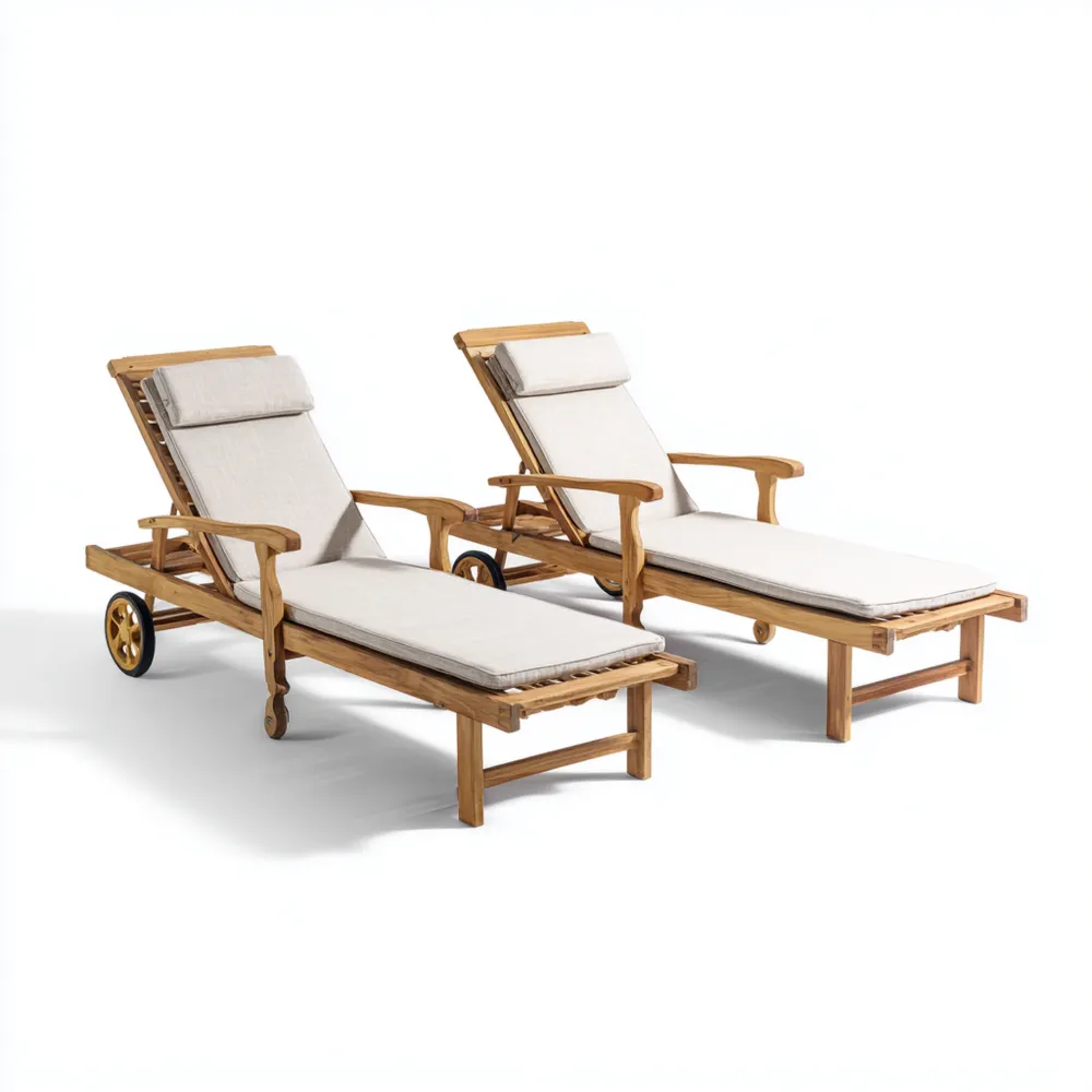 Lettini prendisole in legno di teak con cuscini - 200x60x35 cm - Design classico