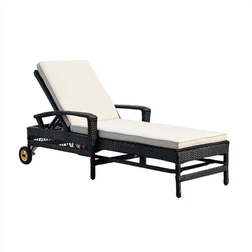 Lettino Prendisole in Rattan 200x65x35 cm con Cuscino Crema - Design Elegante