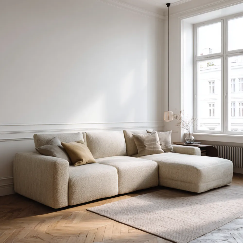 Divano angolare rivestito in tessuto 280x150x85 cm – Beige – Design moderno