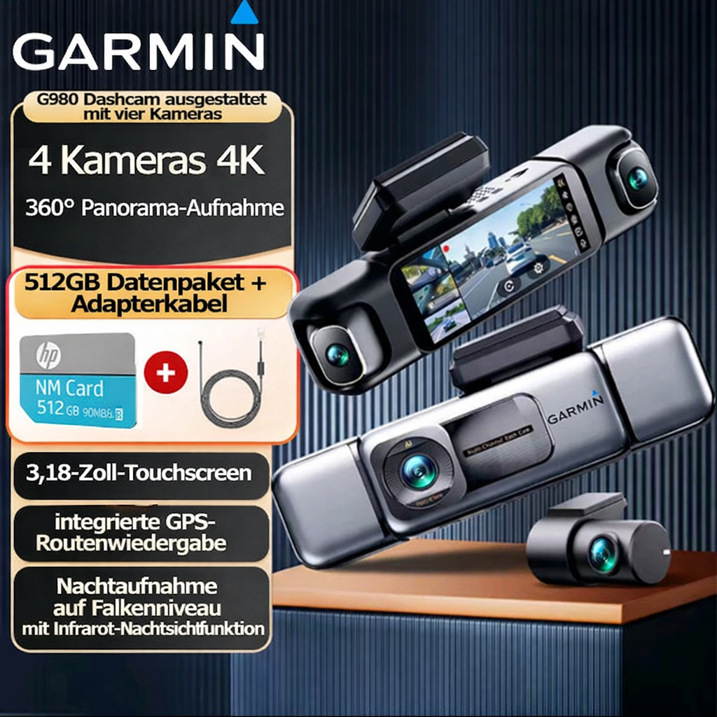 Die smarte Dashcam Garmin G980 verfügt über künstliche Intelligenz und Sprachsteuerung und ist mit vier Kameras ausgestattet, die 360°-Panoramaaufnahmen, 4K-Ultra-HD-Nachtsicht und GPS-Positionierung unterstützen.