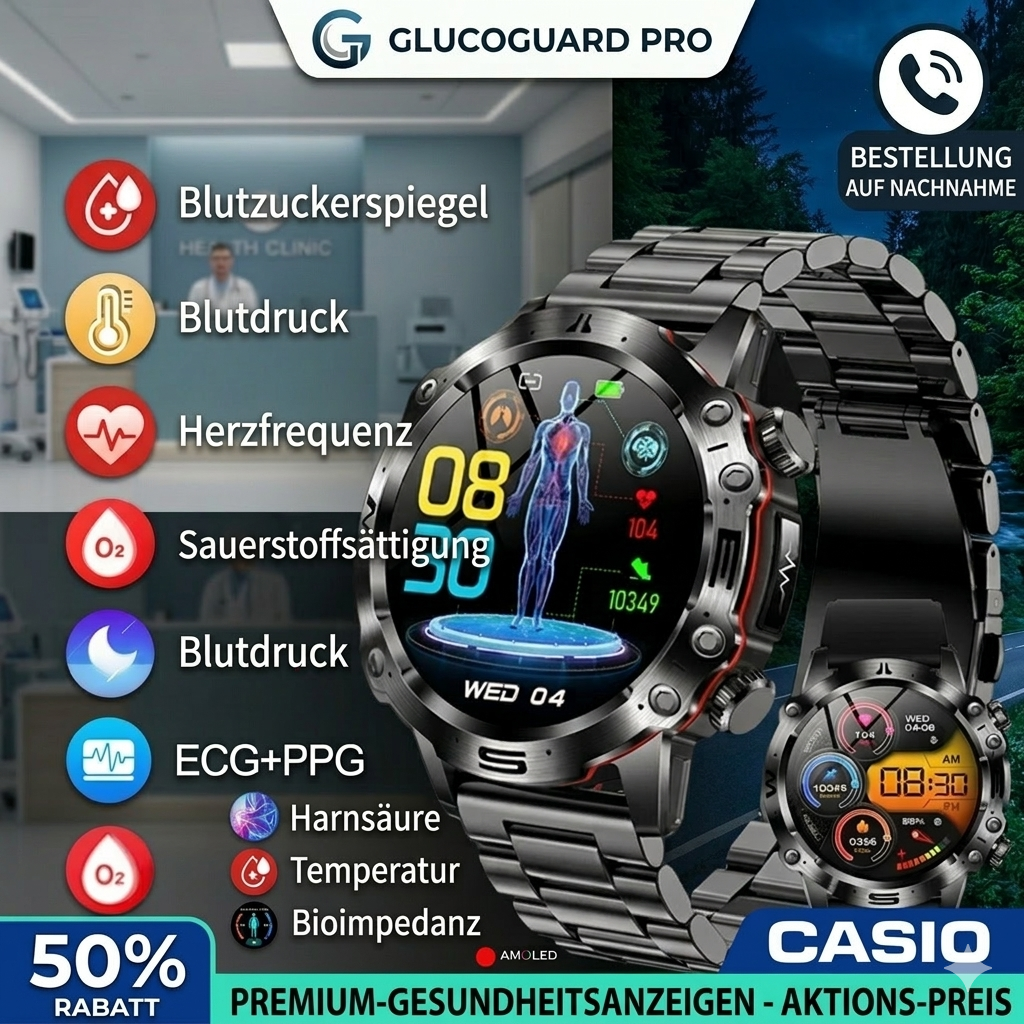 💫 Casio AI Smartwatch 2026 – EKG-, Blutzucker-, Blutfett- und Harnsäuremessung, immer und überall dabei: zu Hause, im Büro oder unterwegs ⏱️