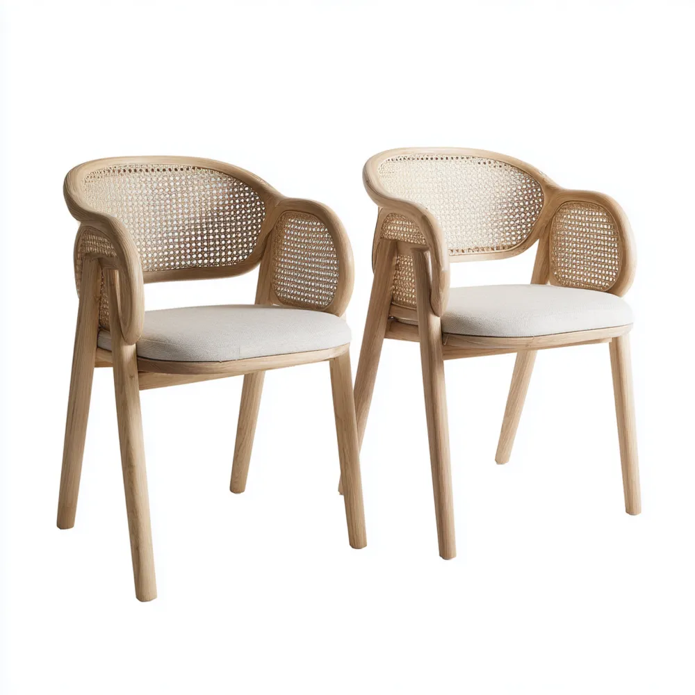 Sedia da pranzo in legno massello 58x55x80 cm e rattan - Naturale - Design moderno