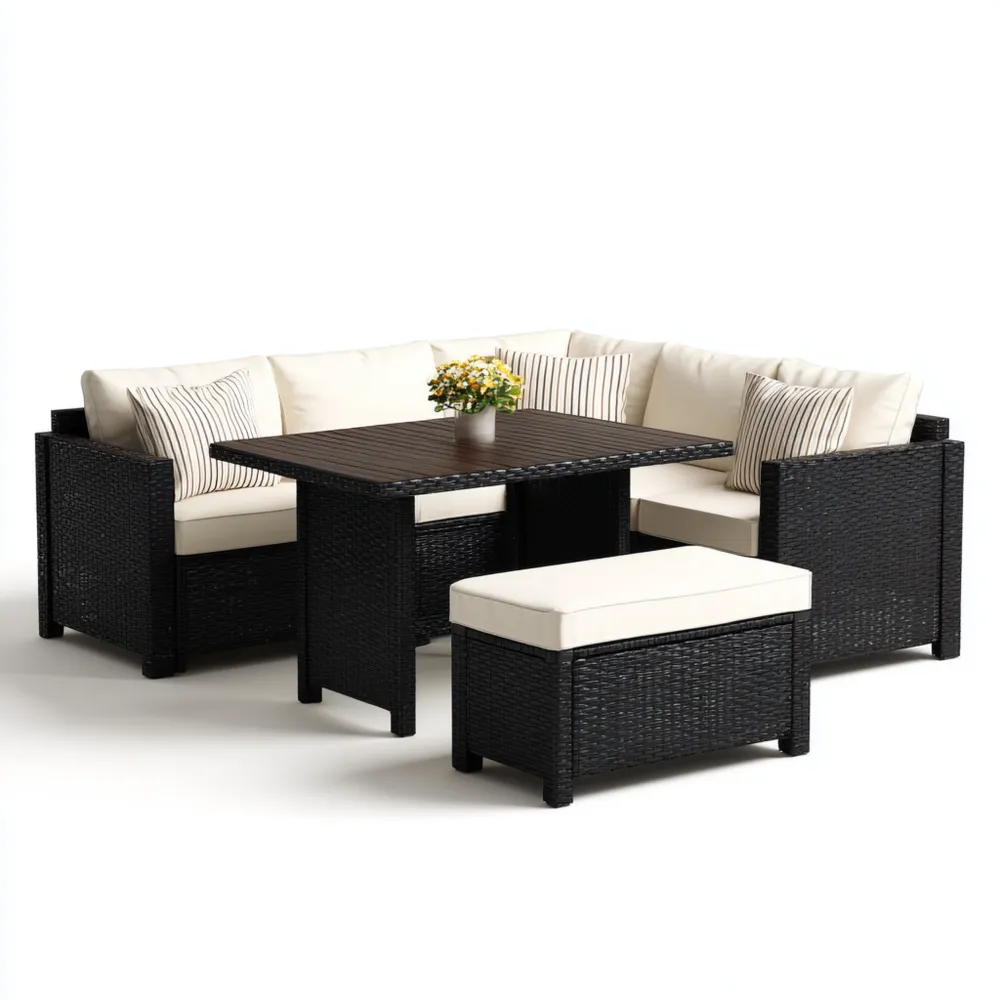 Set salotto da giardino in rattan sintetico 120x70x75 cm - Crema/Nero - Design Moderno