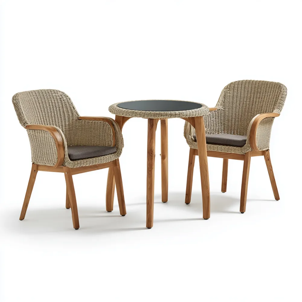 Set tavolo e sedie da giardino in legno e rattan 80 cm x 80 cm x 75 cm