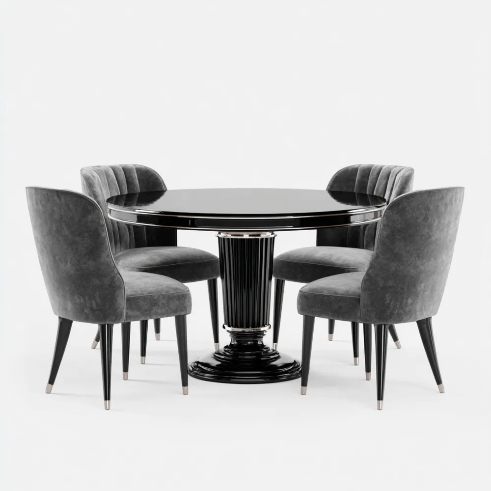 Set tavolo rotondo 120x120x75 cm e sedie da pranzo in Vetro e tessuto - Nero/Grigio - Design moderno