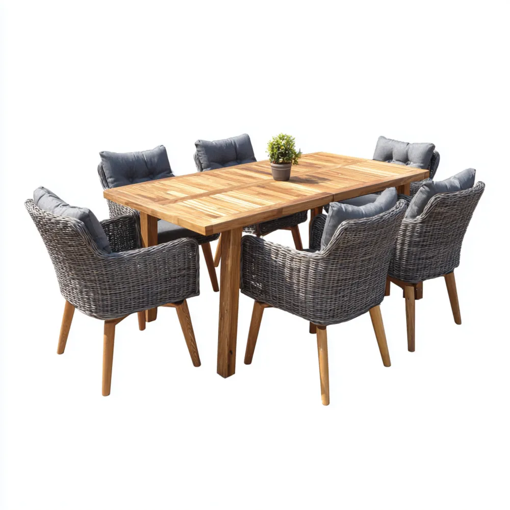 Set tavolo e sedie da giardino legno di teak e rattan - 150x90x75 cm - Stile rustico