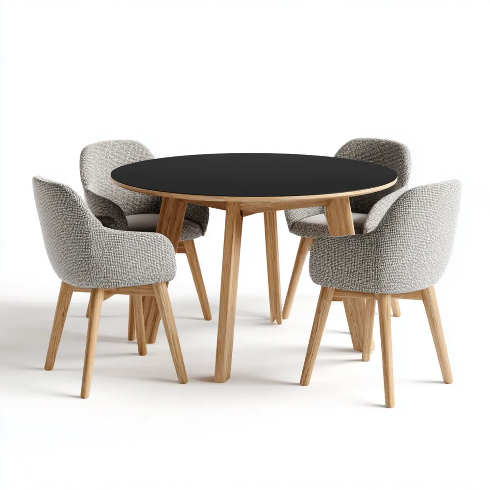 Set tavolo rotondo in legno e sedie imbottite - 120x120x75 cm - Nero/Naturale - Design moderno