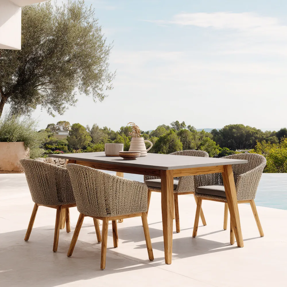 Set tavolo e sedie da giardino in legno e corda 150x90x75 cm - design moderno