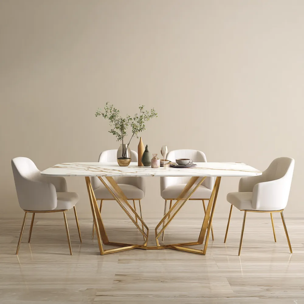 Set tavolo da pranzo marmo e sedie imbottite 180x90x75 cm - Bianco/Oro - Design moderno