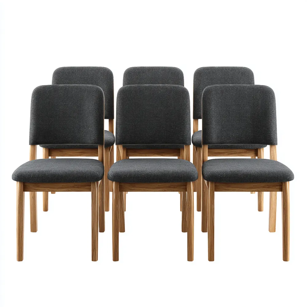 Set di 6 Sedie da Pranzo Imbottite 45x52x85 cm in Tessuto Grigio Scuro - Legno Massello - Design Moderno