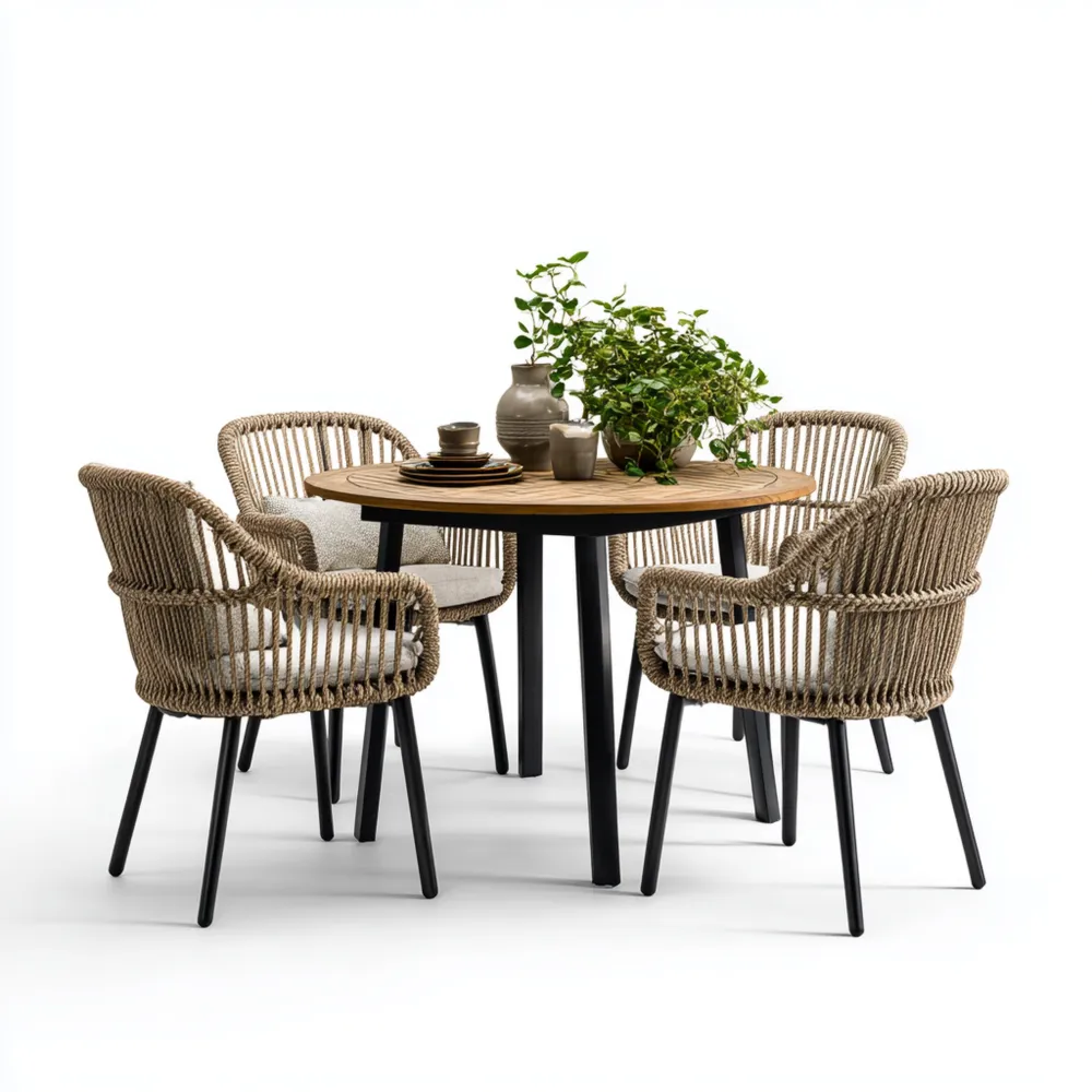 Set tavolo e sedie da giardino in legno e corda rotondo 120x120x75 cm - Design contemporaneo