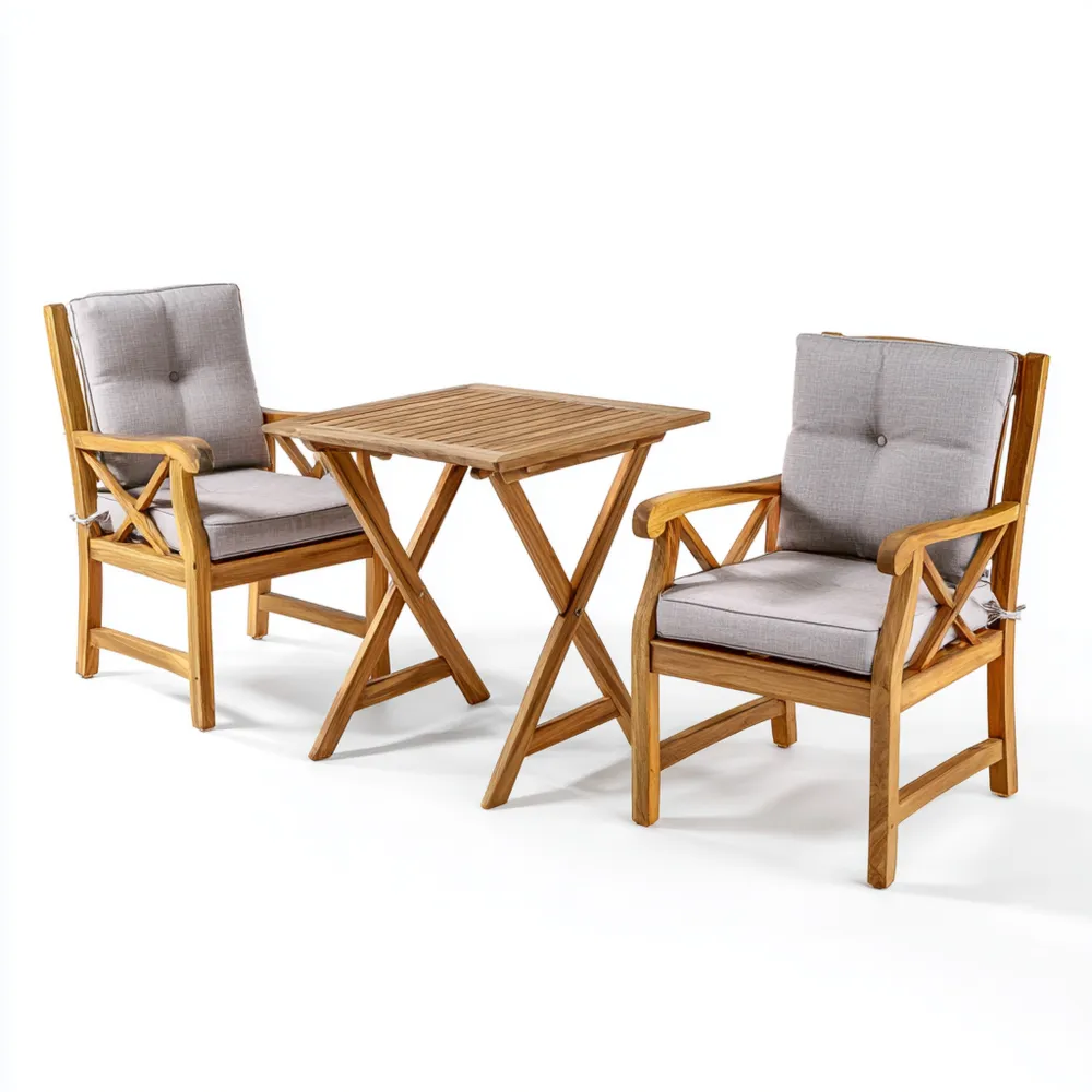 Set tavolo e sedie da giardino in legno 60x60x75 cm - Cuscini Grigi - Design Moderno