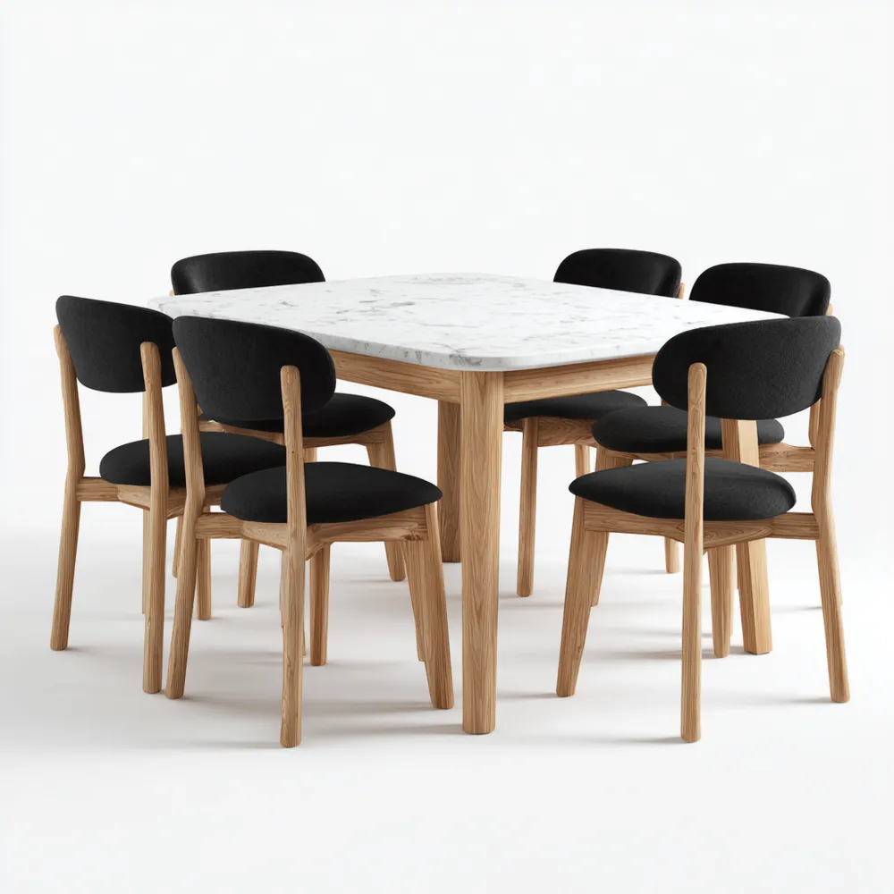Set tavolo da pranzo rettangolare in marmo e legno massello 150x90x75 cm con 6 sedie imbottite - Nero e Naturale - stile moderno