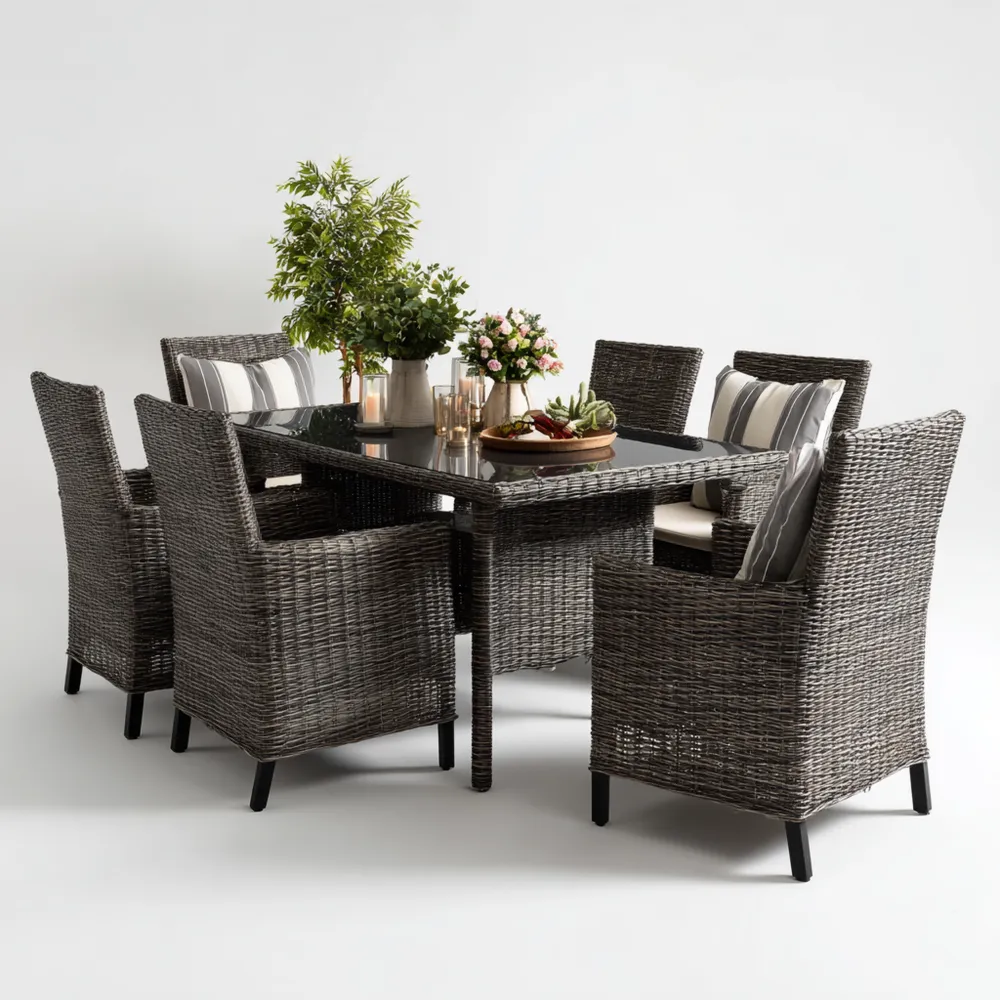 Set tavolo e sedie da giardino in rattan intrecciato 6 posti 180x90x75 cm - Grigio Scuro - Design Moderno